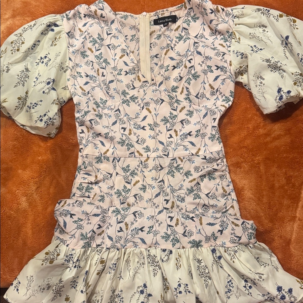 Lea & Viola Pink & Cream Floral Puff-Sleeve Mini Dress